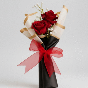 Artificial Rose Bouquet with Baby's Breath, Premium Flowers, Black Wrap with Bow, Modern Round Design, Perfect for Anniversary, Wedding, Birthday Gift